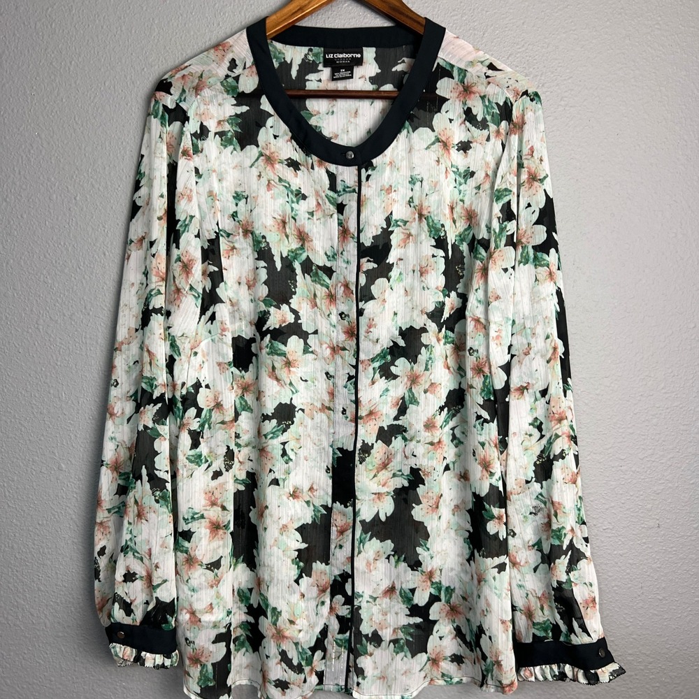Liz Claiborne Victorian Floral Blouse Career Wear‎ Button Front Sheer Top 2X